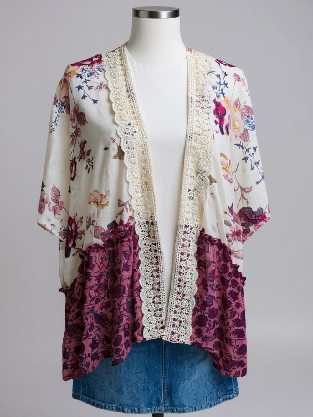 Jolt Floral Kimono Cardigan with Lace Trim
